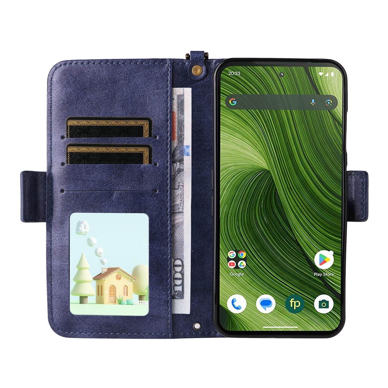 Eine blaue Handyhülle mit Smartphone. Das Telefon zeigt ein grünes Wellenmuster. Auf der Hülle befindet sich ein Bild eines Hauses.
