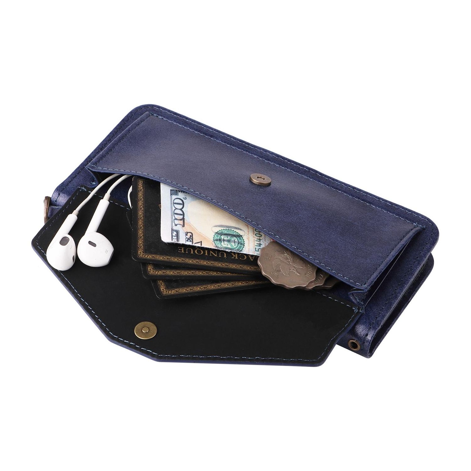Offene blaue Lederbrieftasche mit Bargeld, Karten, Münze und weißen Kopfhörern.