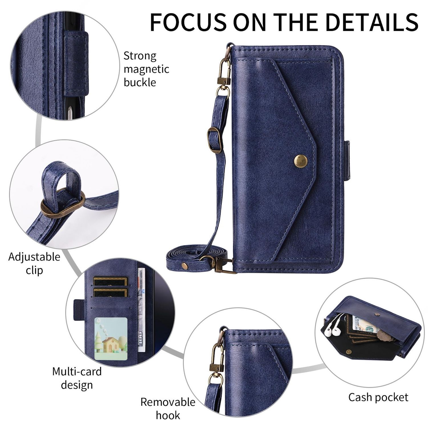 Eine dunkelblaue Brieftasche mit Riemen. Zu den Merkmalen gehören eine magnetische Schnalle, ein verstellbarer Clip, ein Multi-Karten-Design und eine Cash-Tasche.