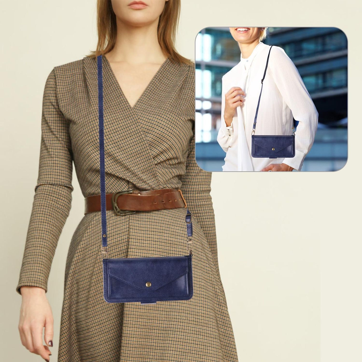 Eine Frau in einem karierten Kleid mit einer blauen Umhängetasche für das Telefon. Ein kleineres Bild zeigt eine Frau mit derselben Tasche.