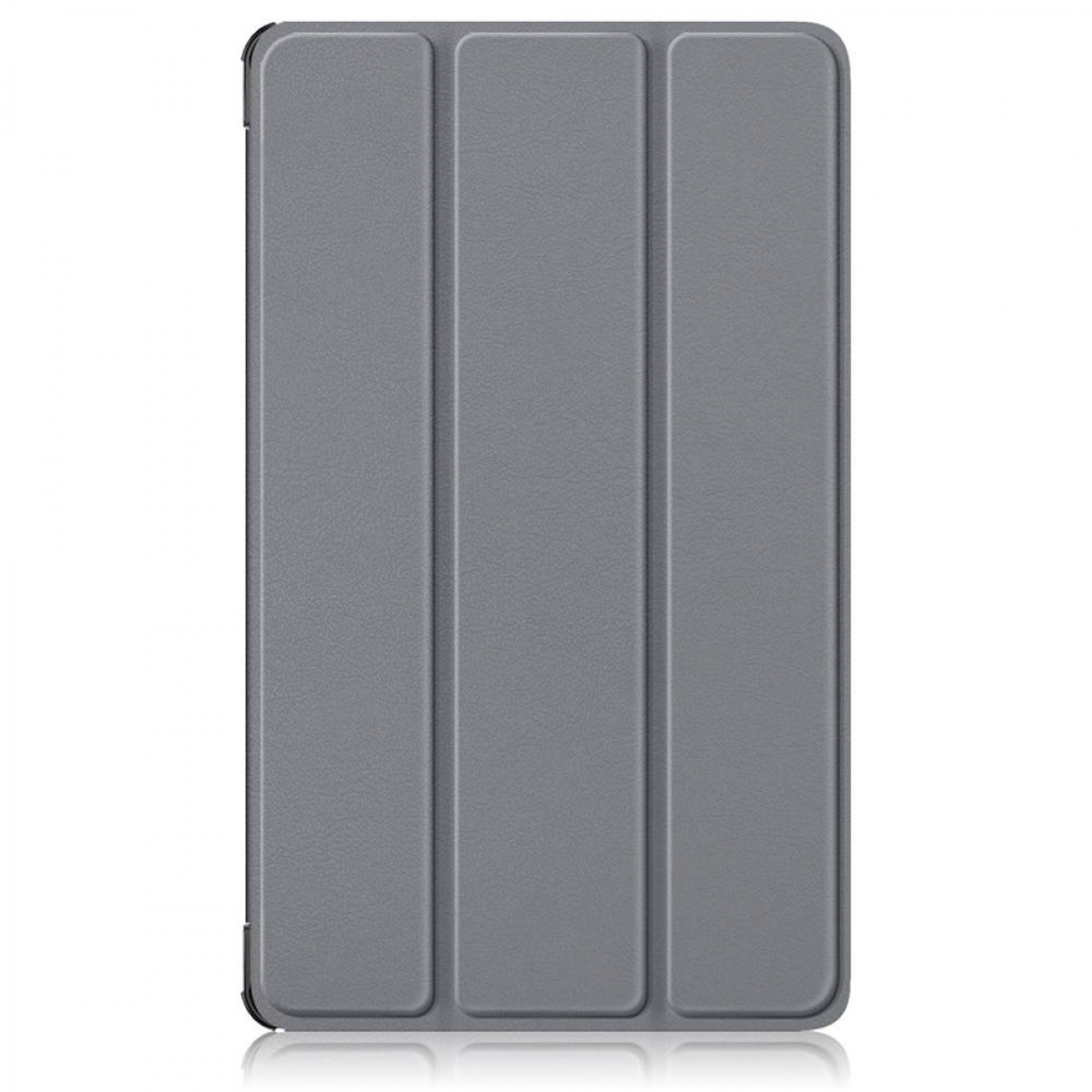 Gezeigt wird eine graue Tablet-Hülle. Sie hat ein dreifaches Design mit drei vertikalen Paneelen. Die Hülle liegt auf einer reflektierenden Oberfläche.