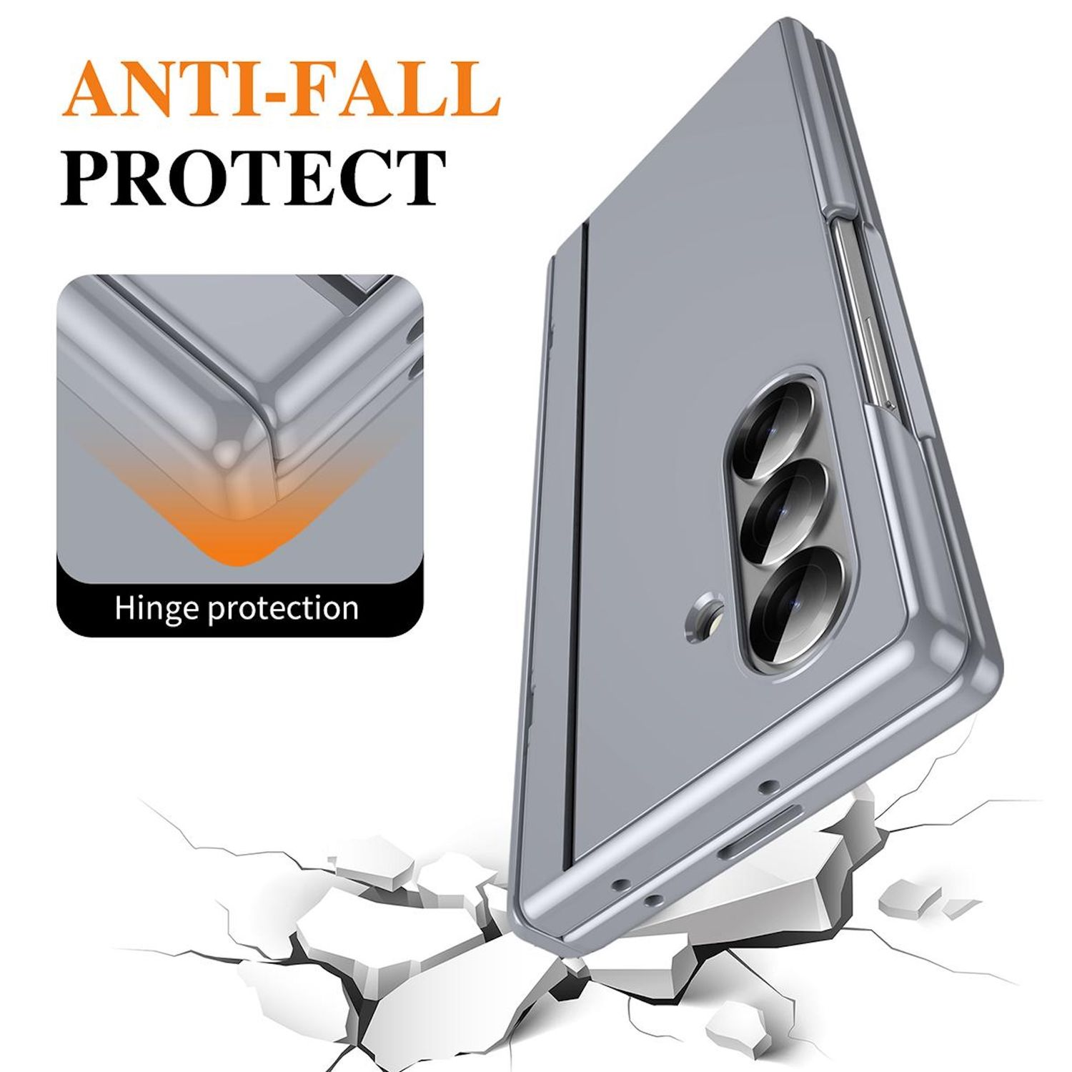 Se muestra una funda gris para teléfono con protección de bisagra. La funda está en ángulo, con el texto 'ANTI-FALL PROTECT' arriba y suelo agrietado debajo.