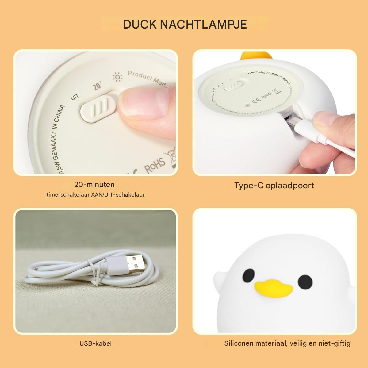 Das Bild zeigt eine ente-förmige Nachtlampe, Teile davon, ein USB-Kabel und Details wie einen Timerschalter und einen Ladeanschluss.
