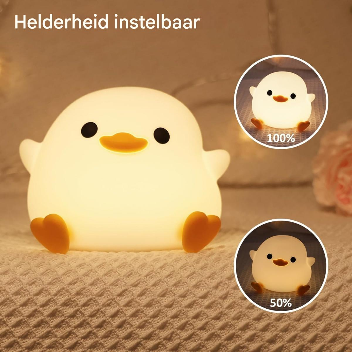 Eine leuchtende enteförmige Lampe mit einstellbarer Helligkeit. Zwei kleinere kreisförmige Lampen zeigen 100% und 50% Helligkeit.