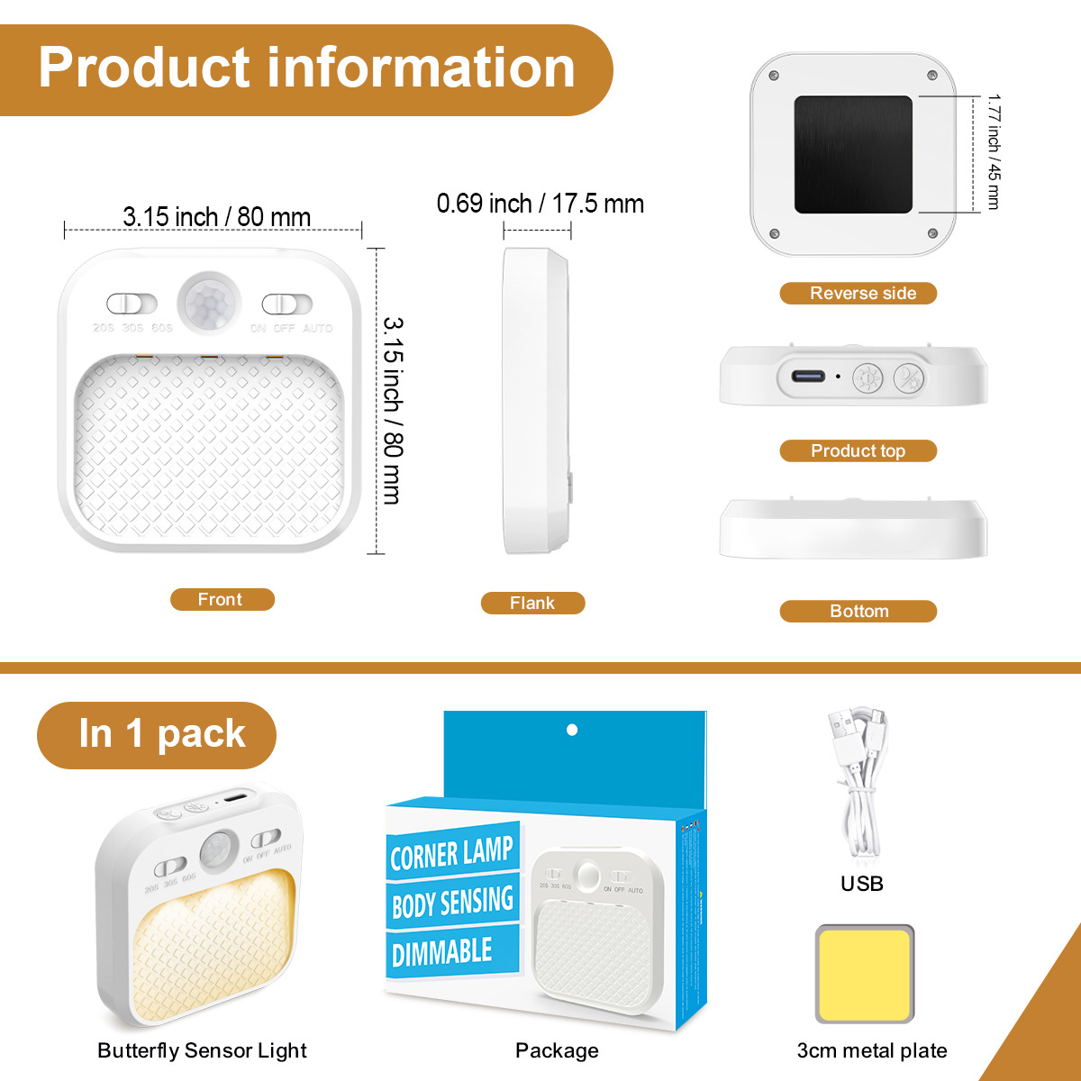 Produktinfo: weiße Ecklampe, Maße, Rückseite, Oberseite, Unterseite, Paket, USB-Kabel, Metallplatte.