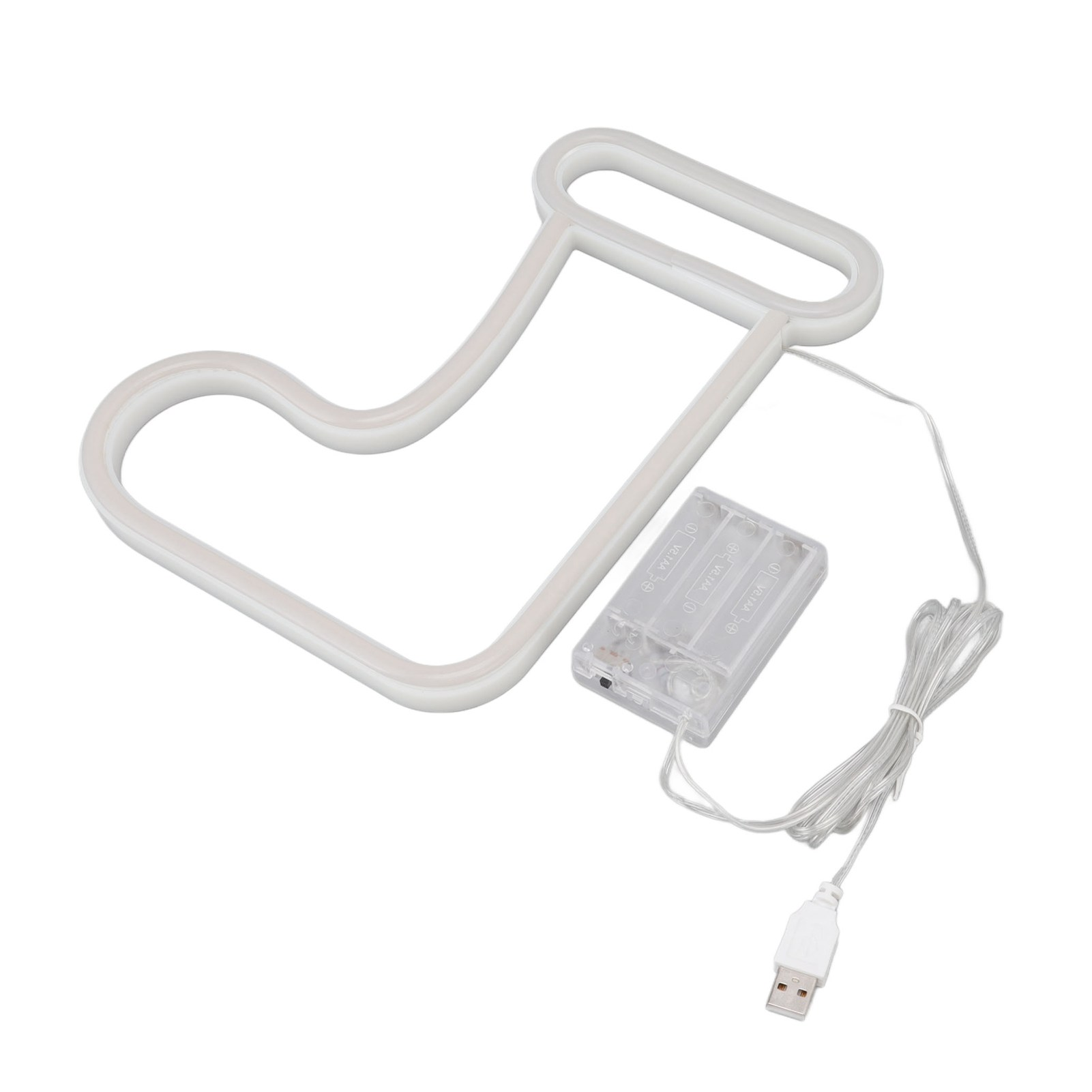 Weiße Neon-Strumpf-Leuchte mit Akkupack und USB-Kabel auf weißem Hintergrund.