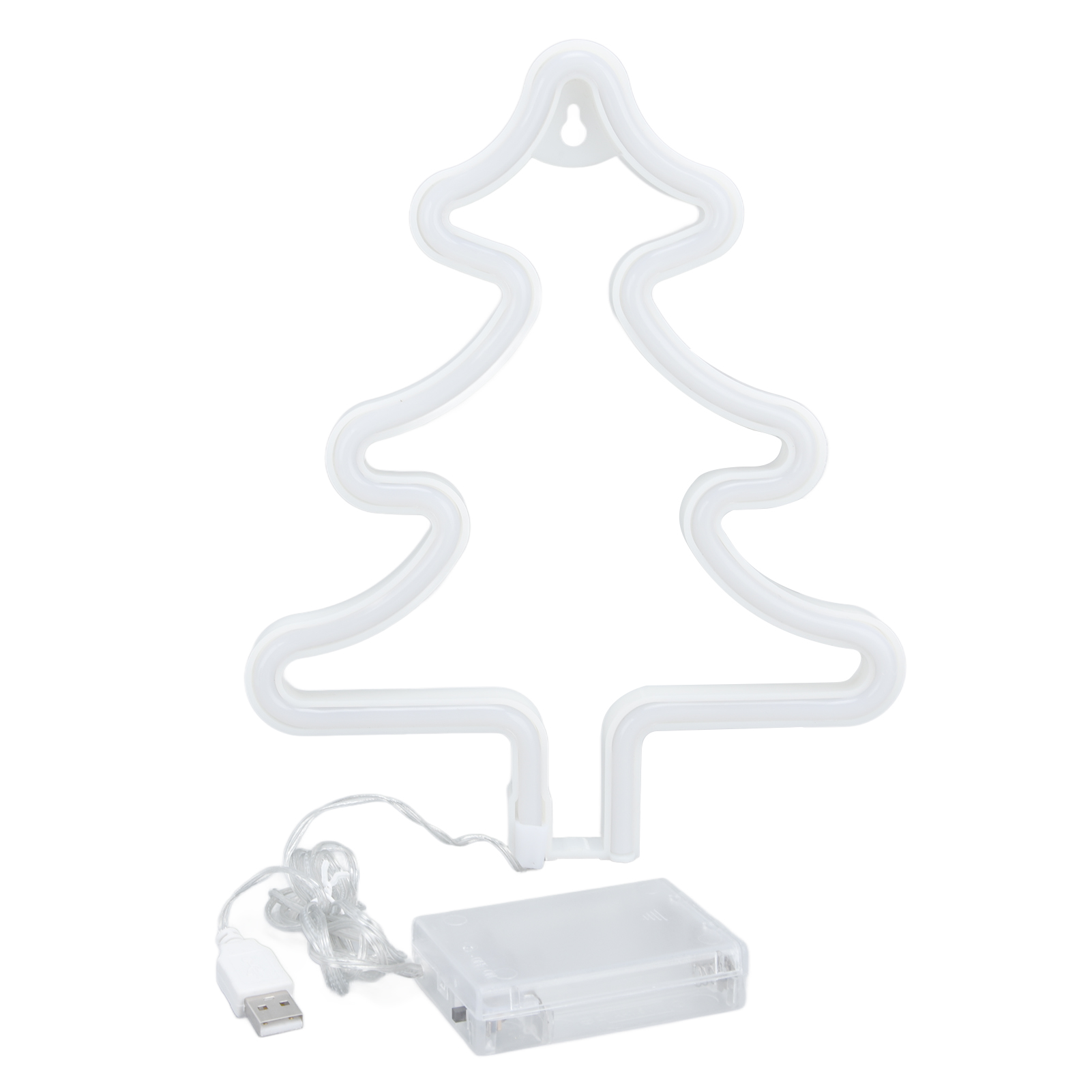 Ein weißes Neon-Weihnachtsbaumlicht. Enthält einen Akku, ein USB-Kabel und einen weißen Hintergrund.