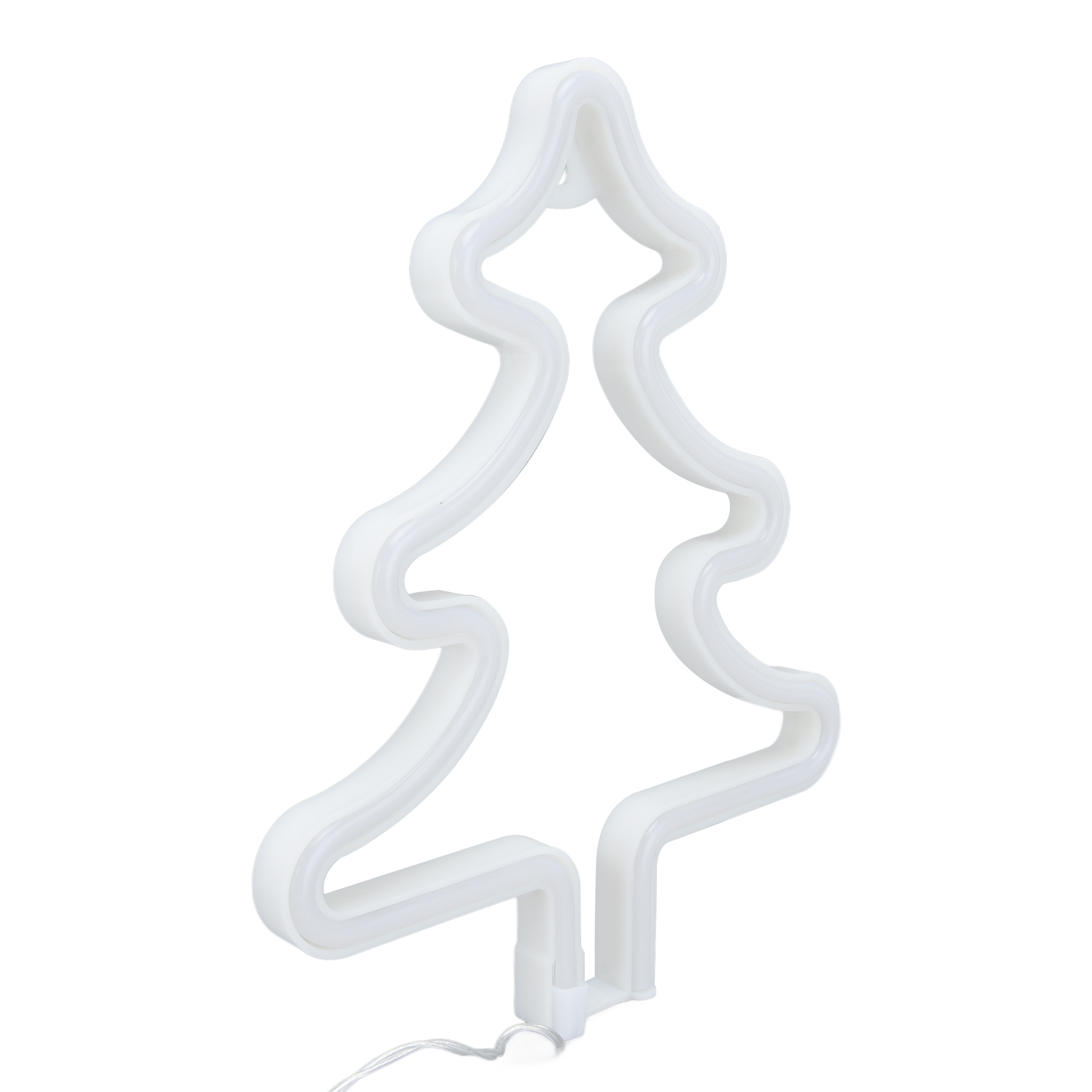 Eine weiße Neon-Weihnachtsbaumform auf weißem Hintergrund. Der Baumumriss leuchtet weiß.