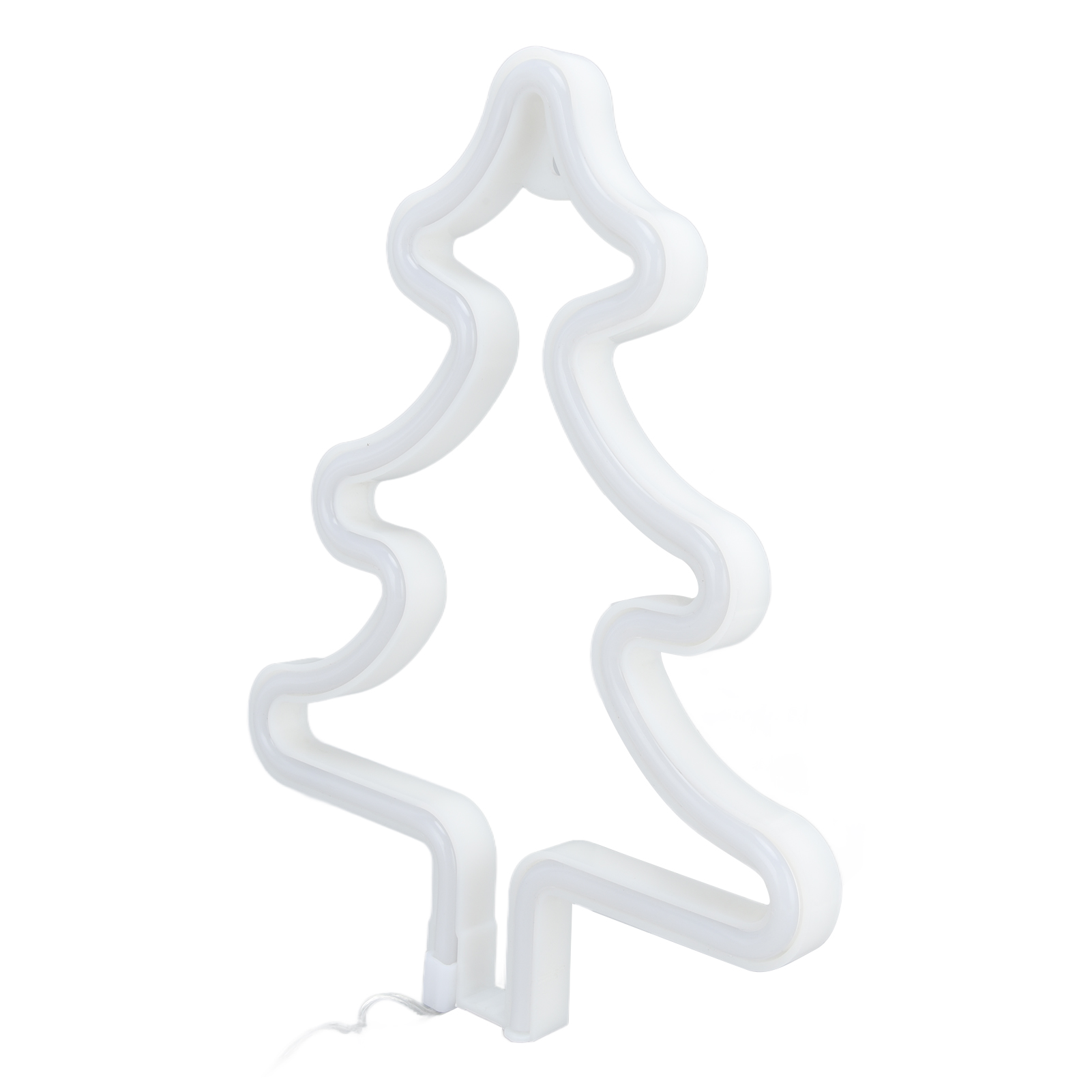 Eine weiße Neon-Weihnachtsbaumform auf weißem Hintergrund. Es hat ein Stromkabel.