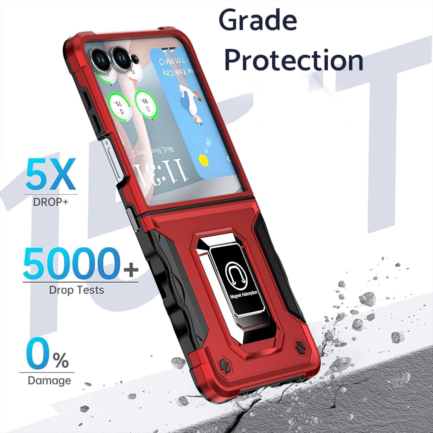 Eine rote Handyhülle mit einem Telefon darin. Der Bildschirm zeigt die Uhrzeit und das Wetter. Die Hülle hat einen Magneten und verspricht Fallschutz.