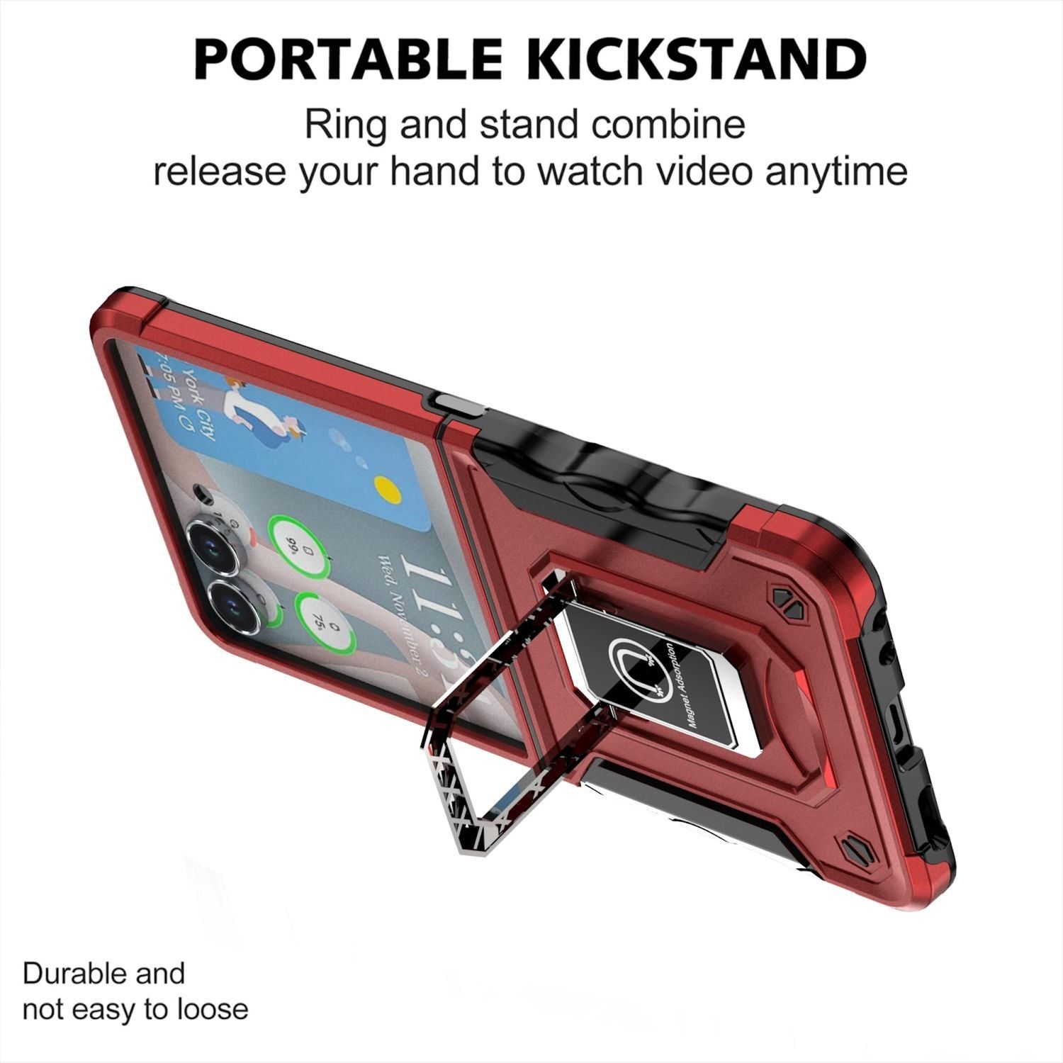 Eine rote Handyhülle mit Ständer. Das Telefon zeigt Uhrzeit und Wetter an. Oben steht: PORTABLE KICKSTAND.