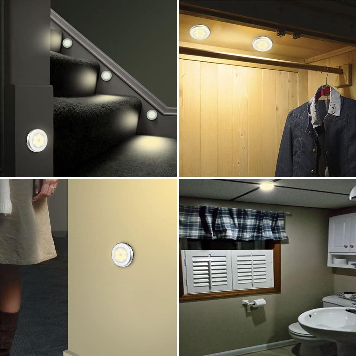 Vier Bilder zeigen Lichter in verschiedenen Umgebungen: Treppe, Schrank, Wand und Badezimmer. Jede Szene hat ein kleines, rundes LED-Licht.