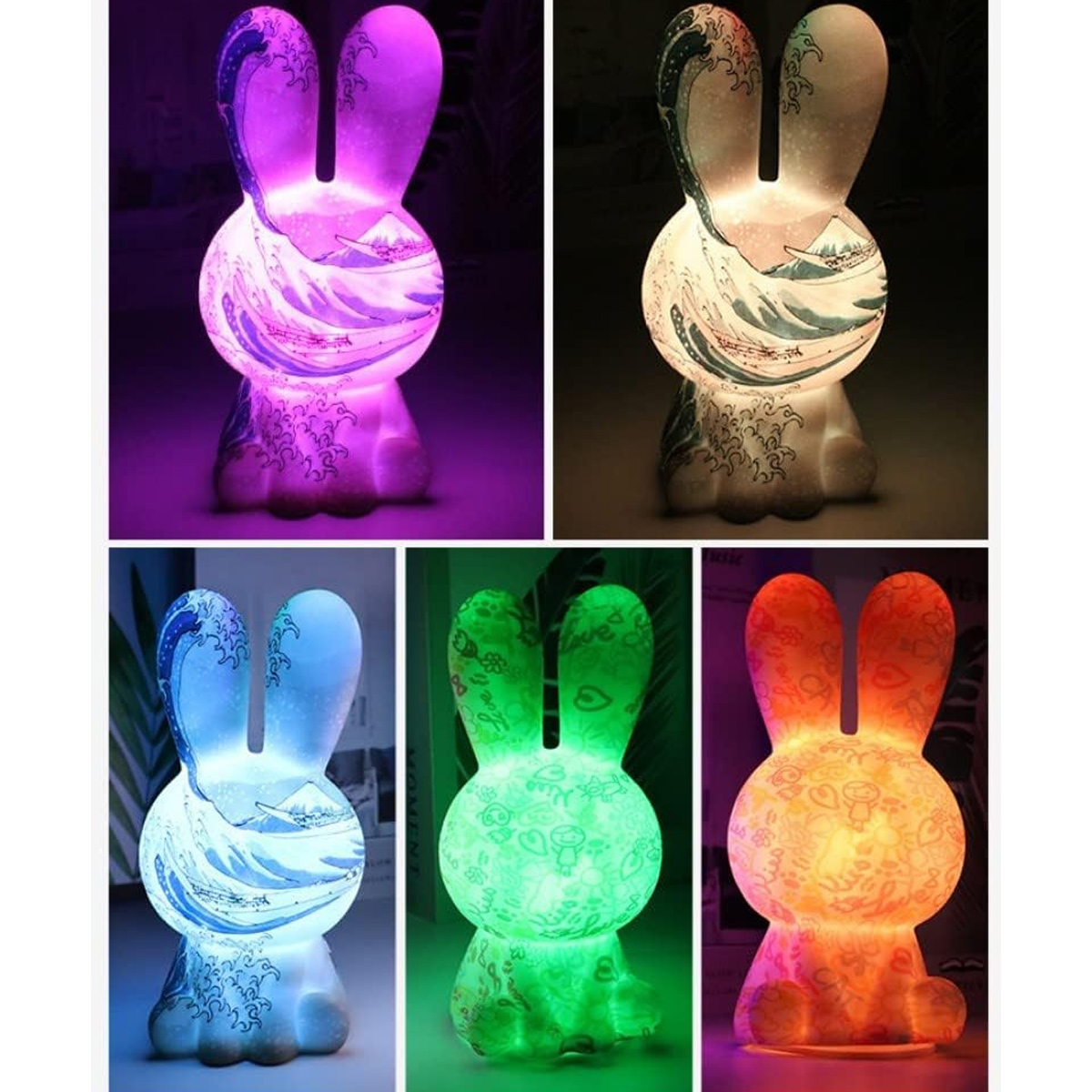 Fünf leuchtende hasenförmige Lampen mit verschiedenen Farben und Mustern. Jede Lampe zeigt Kunst auf dem Bauch, die Ohren leuchten.