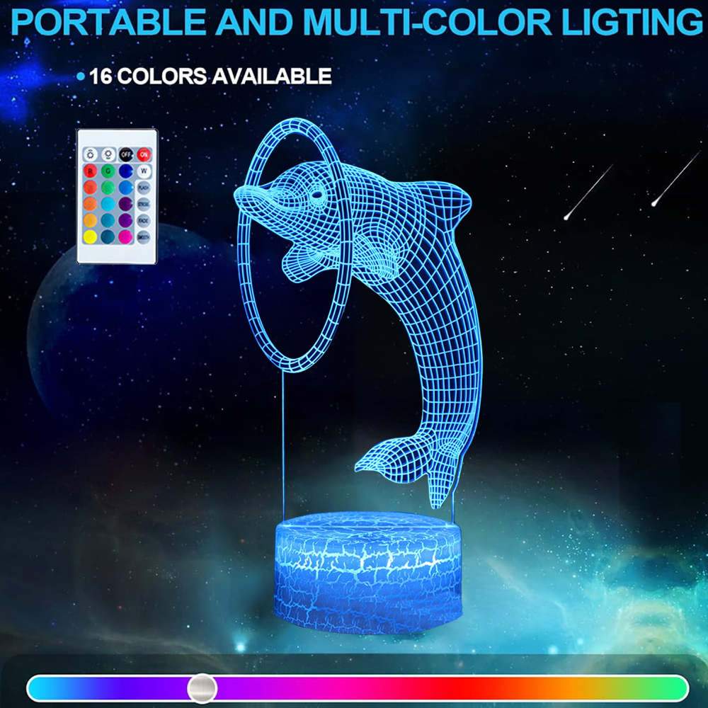 Eine blaue, delfinförmige LED-Lampe mit Fernbedienung. Der Hintergrund ist eine Weltraumszene mit Sternen und einem Planeten.