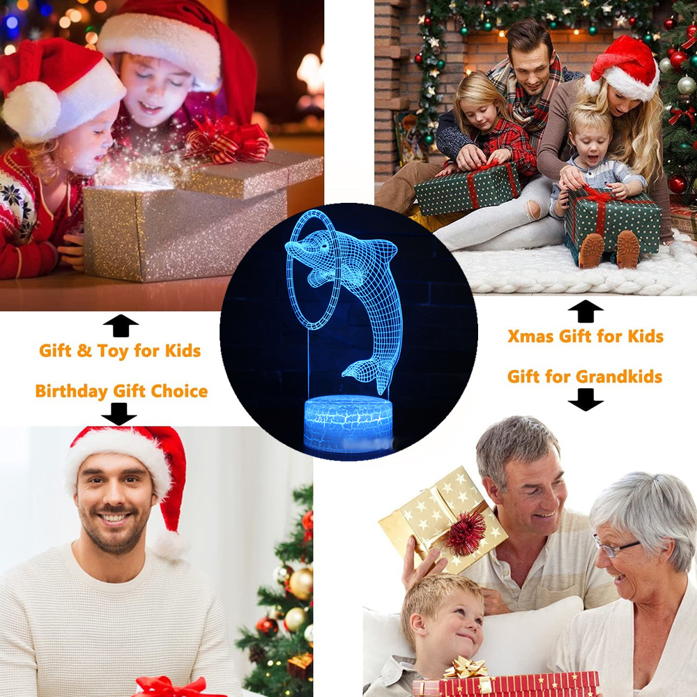 Collage von Geschenkübergabeszenen. Enthält Kinder, Familien und ein Delfin-Nachtlicht, alles im Zusammenhang mit Geschenkgelegenheiten.
