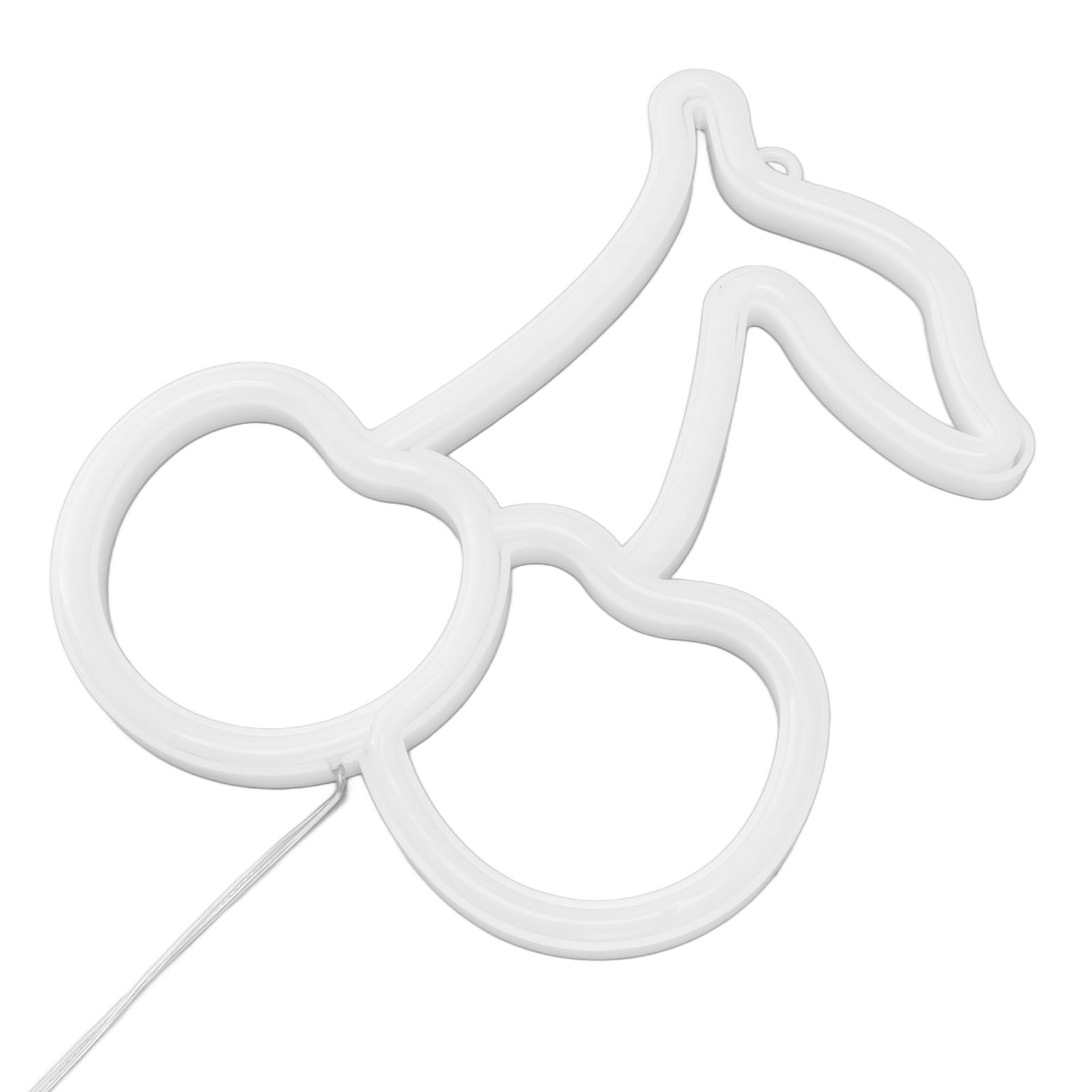Weiße Neon-Kirschleuchte. Ein Stiel und zwei Kirschen. Es hat ein weißes Kabel. Isoliert auf weißem Hintergrund.