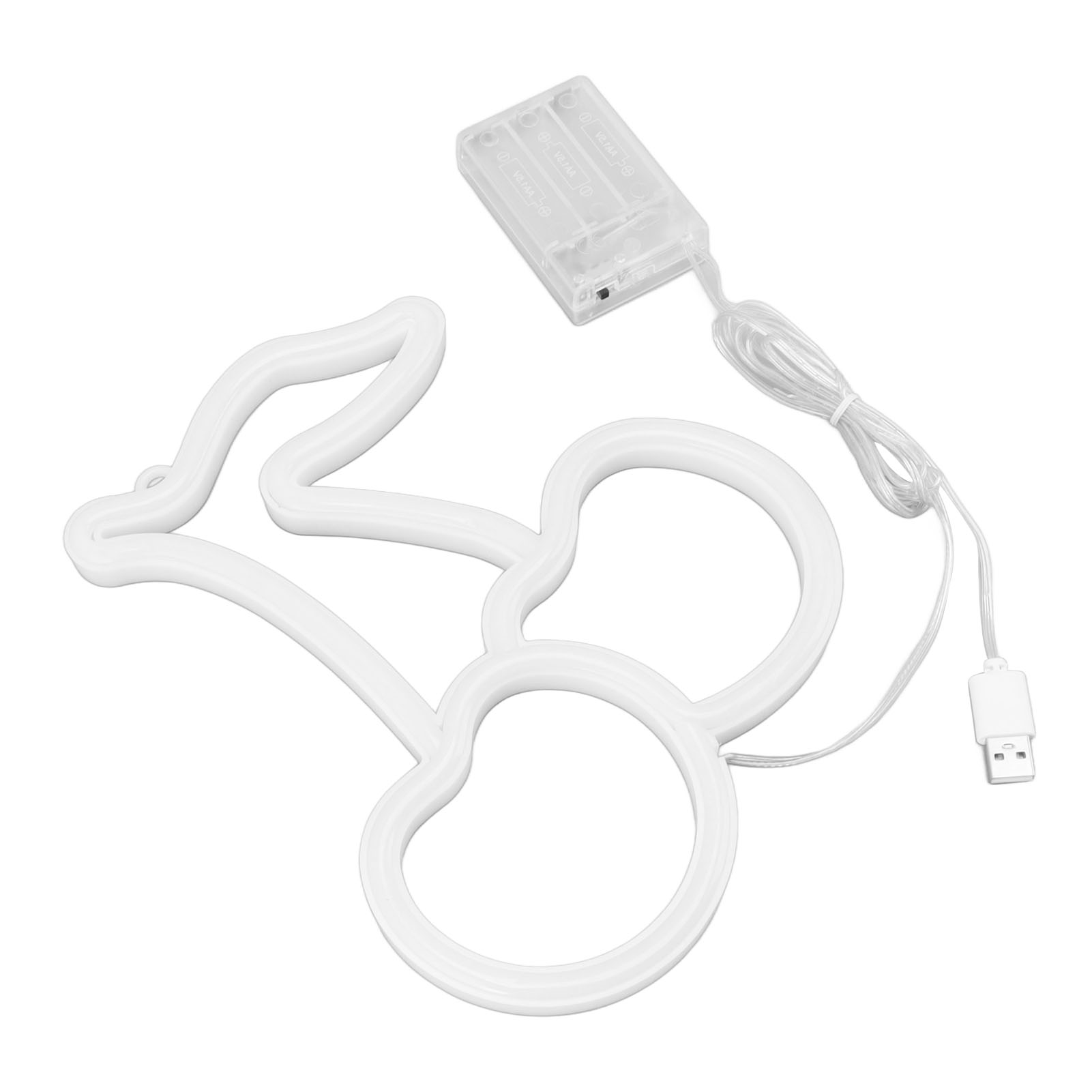 Ein weißes Neonlicht in Form von Kirschen, mit einem Akkupack und einem USB-Kabel.