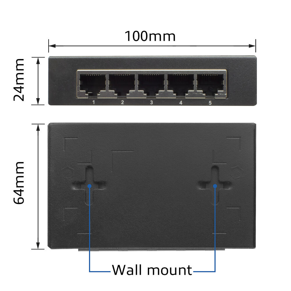 Schwarzer Netzwerk-Switch mit fünf Anschlüssen, beschriftet 1-5, Abmessungen: 100 mm x 24 mm und 64 mm. Wandmontage-Etikett.