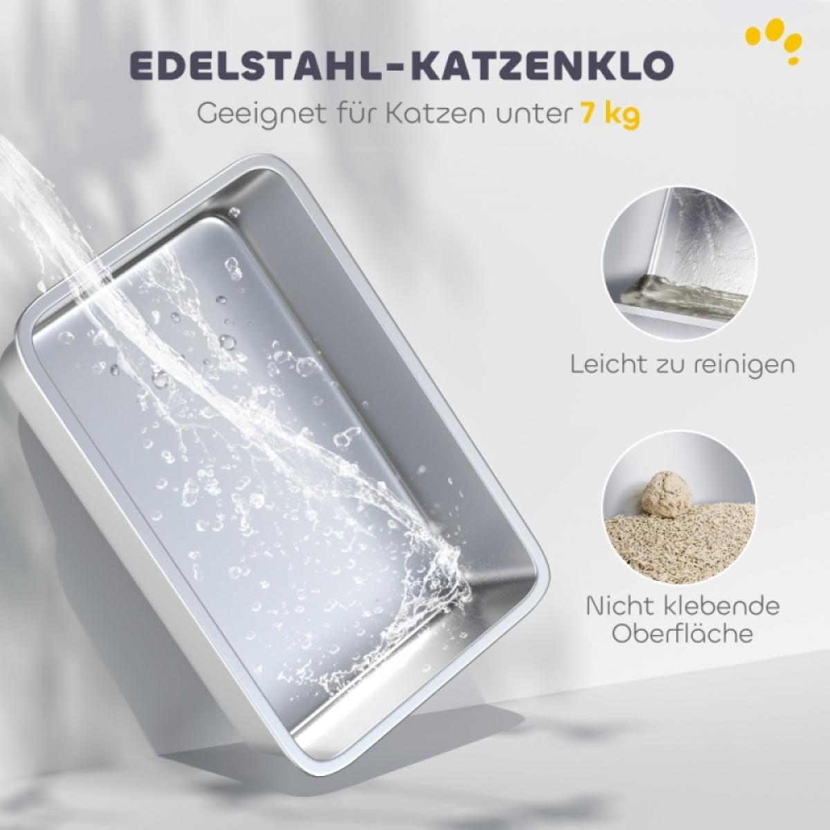 Eine Edelstahl-Katzenklo mit Wasser, das hineingegossen wird. Text lautet: 'Geeignet für Katzen unter 7 kg', 'Leicht zu reinigen'.