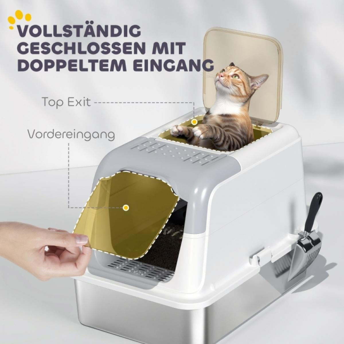 Eine Katze sitzt in einer weiß-grauen Katzentoilette mit zwei Eingängen. Eine Hand öffnet den Vordereingang. Text steht oben.