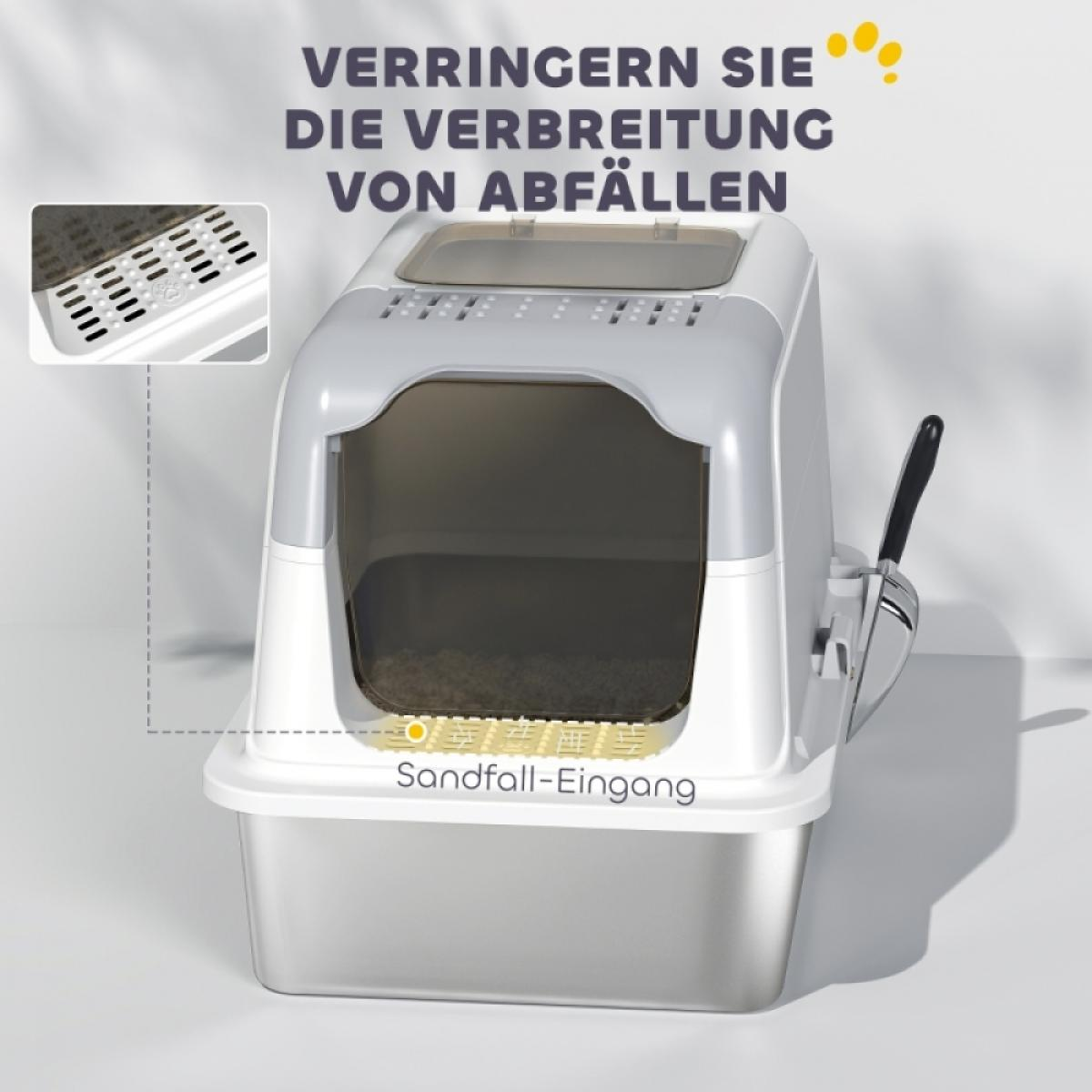 Graue und weiße Katzentoilette mit Schaufel. Der Text oben lautet 'Reduzieren Sie die Ausbreitung von Abfällen'. Eine Detailansicht befindet sich oben links.