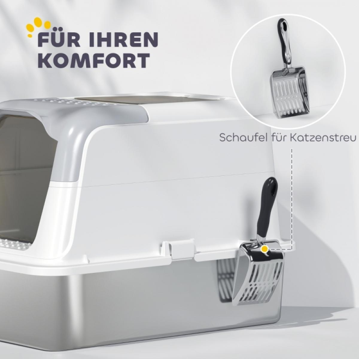 Eine weiß-graue Katzentoilette mit einer Schaufel. Text: FÜR IHREN KOMFORT. Die Schaufel ist schwarz und silber.