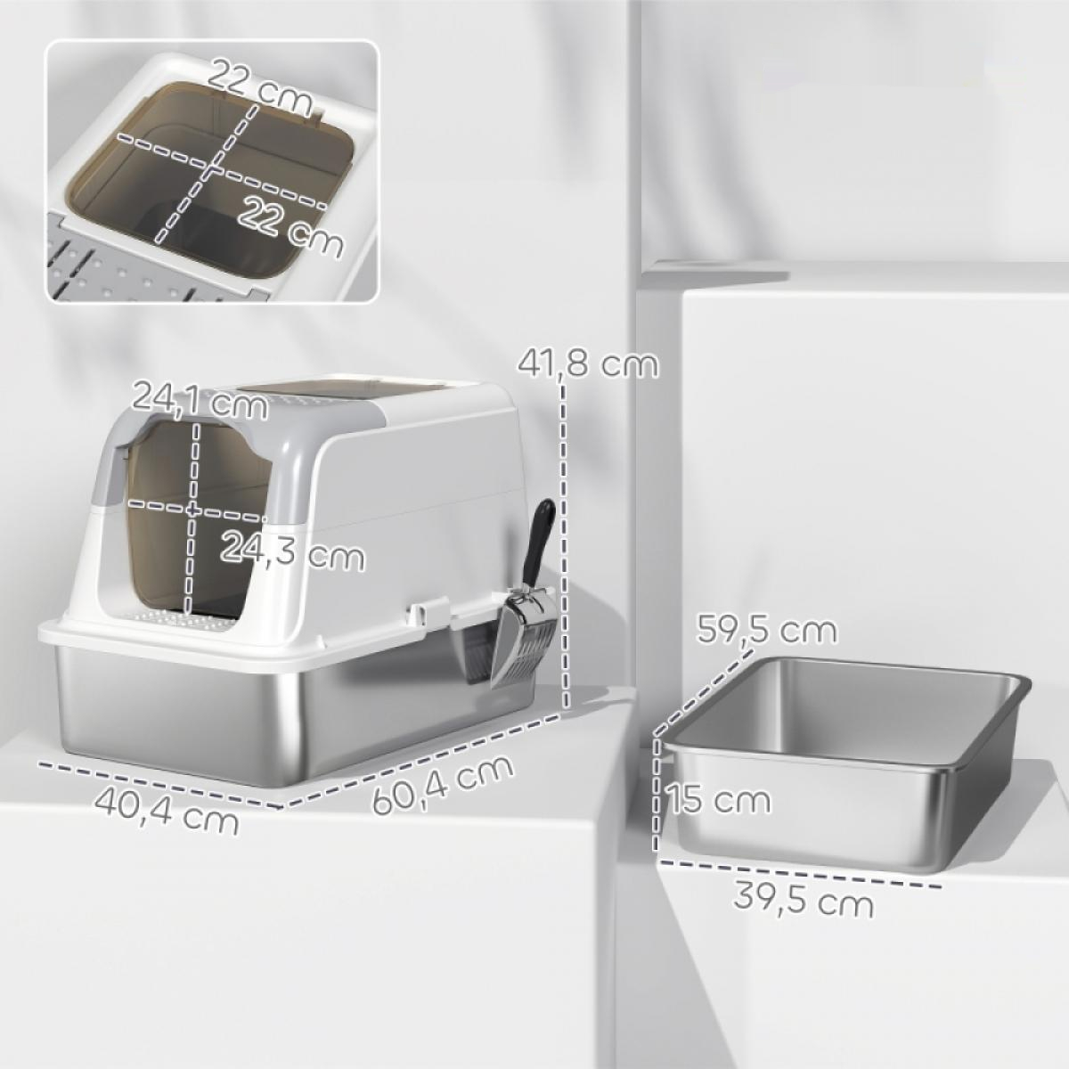 Eine Katzentoilette mit Maßangaben. Eine separate Schale wird ebenfalls gezeigt. Eine Schaufel ist an der Hauptbox befestigt.