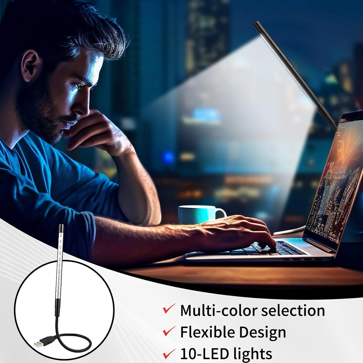 Un uomo usa un laptop sotto una luce LED brillante. Viene mostrata una luce LED flessibile con USB. Caratteristiche: multicolore, design flessibile, 10 LED.