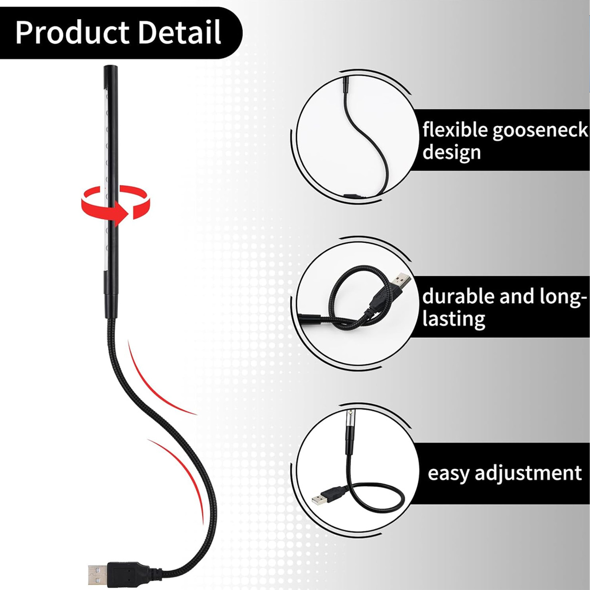 Una lampada a LED nera con design a collo di cigno flessibile. Caratteristiche: facile regolazione, durevole e duratura, connessione USB.