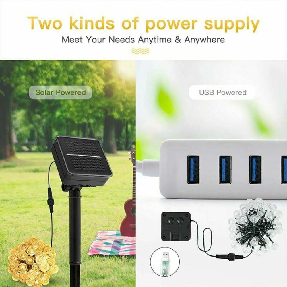 Das Bild zeigt Solar- und USB-Stromoptionen. Solarpanel links, USB-Hub rechts. Text: Zwei Arten der Stromversorgung, Erfüllen Sie Ihre Bedürfnisse jederzeit und überall.