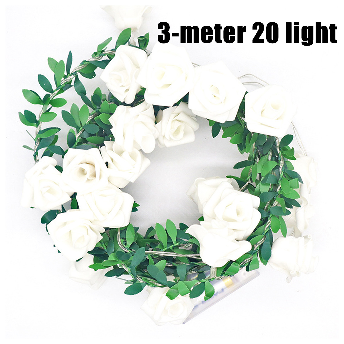 Eine Lichterkette mit weißen Rosen und grünen Blättern. Oben steht: 3-Meter 20 Licht.