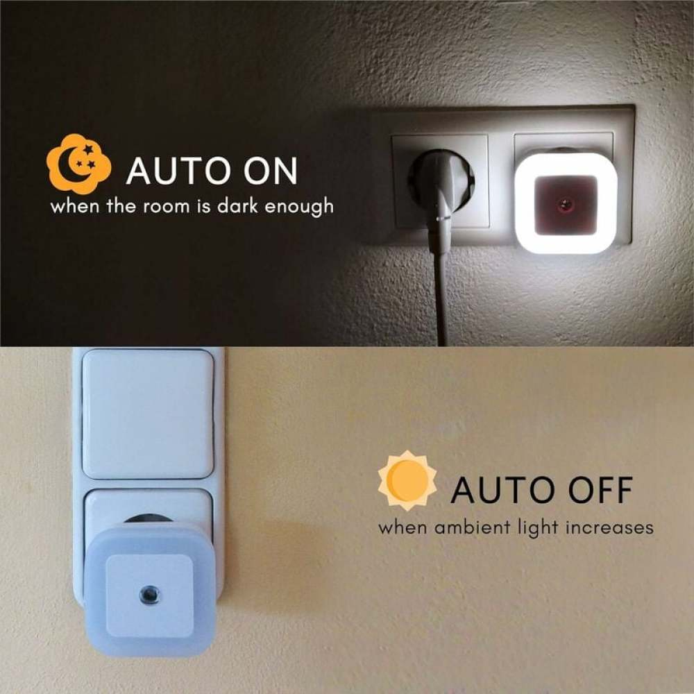 Nachtlicht eingesteckt. Oben: Licht an, dunkler Hintergrund. Unten: Licht aus, heller Hintergrund. Auto Ein/Aus Zeichen.