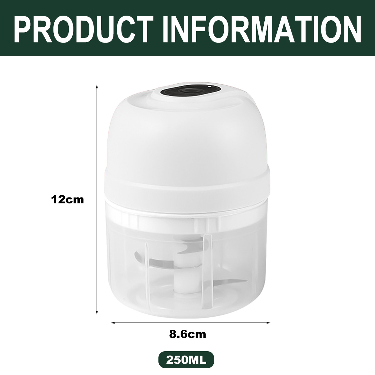 Weißer Küchenroboter, transparenter Behälter, mit den Maßen 12 cm, 8,6 cm und 250 ml Fassungsvermögen. Produktinformationstext oben.