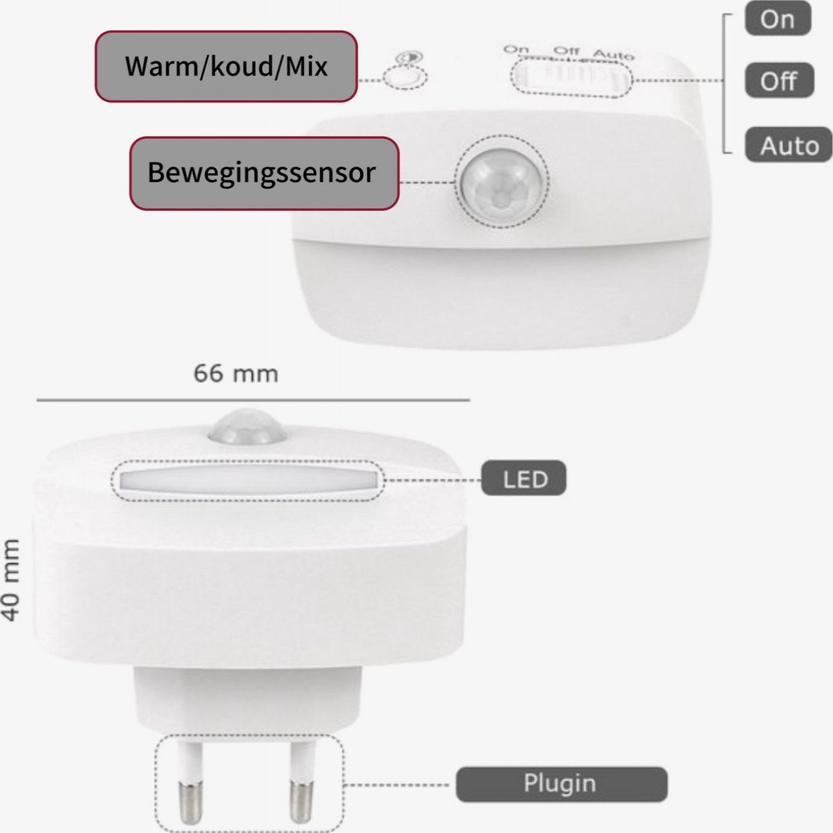 Ein weißes Nachtlicht mit Bewegungssensor. Es hat einen Ein/Aus/Automatik-Schalter, LED und Stecker. Beschriftungen sind 'Warm/koud/Mix' und 'Bewegingssensor'.