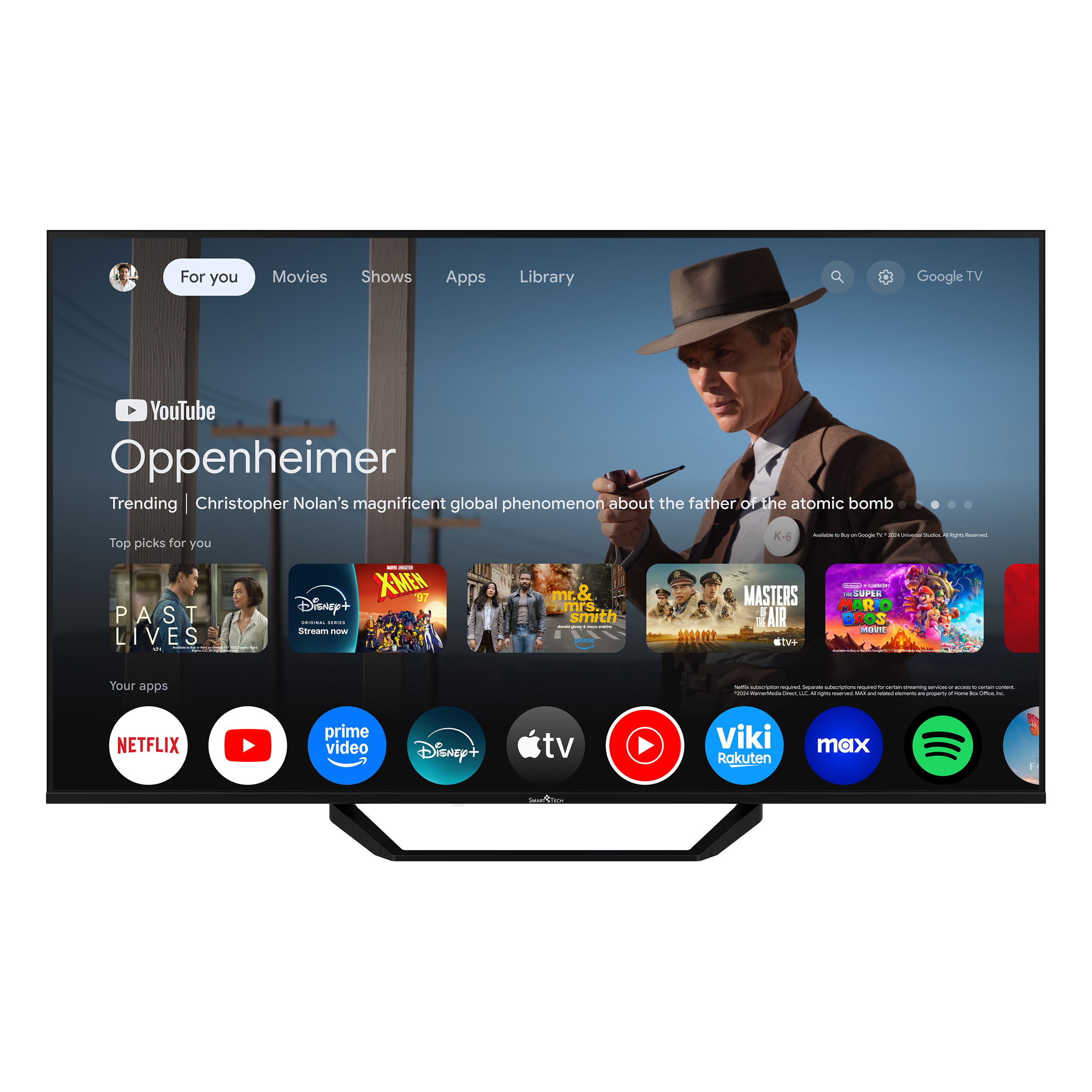 Smart TV con YouTube, film e app. Lo schermo mostra Oppenheimer, con varie icone di app in basso.