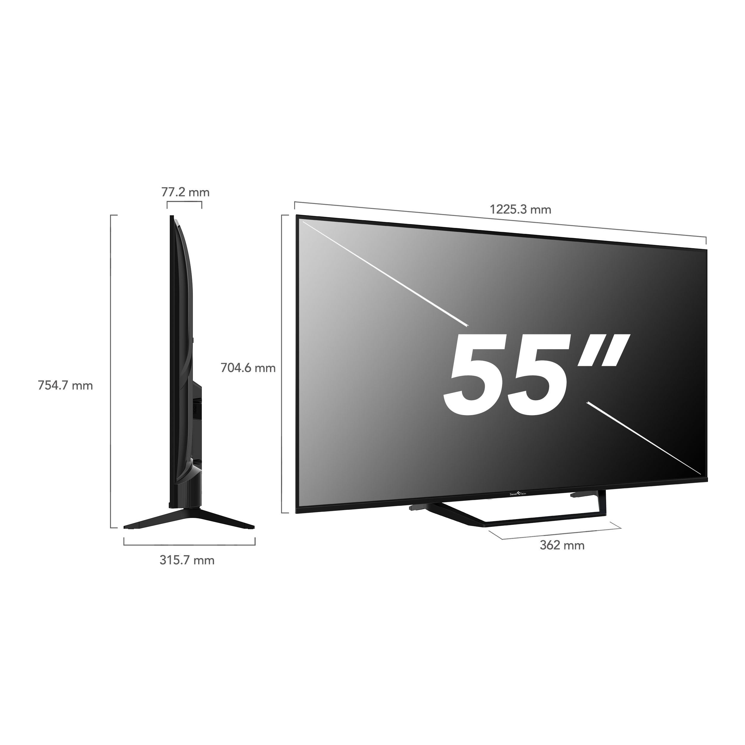 Una TV da 55 pollici. Vengono mostrate le dimensioni. È nera con un supporto e riporta il marchio.