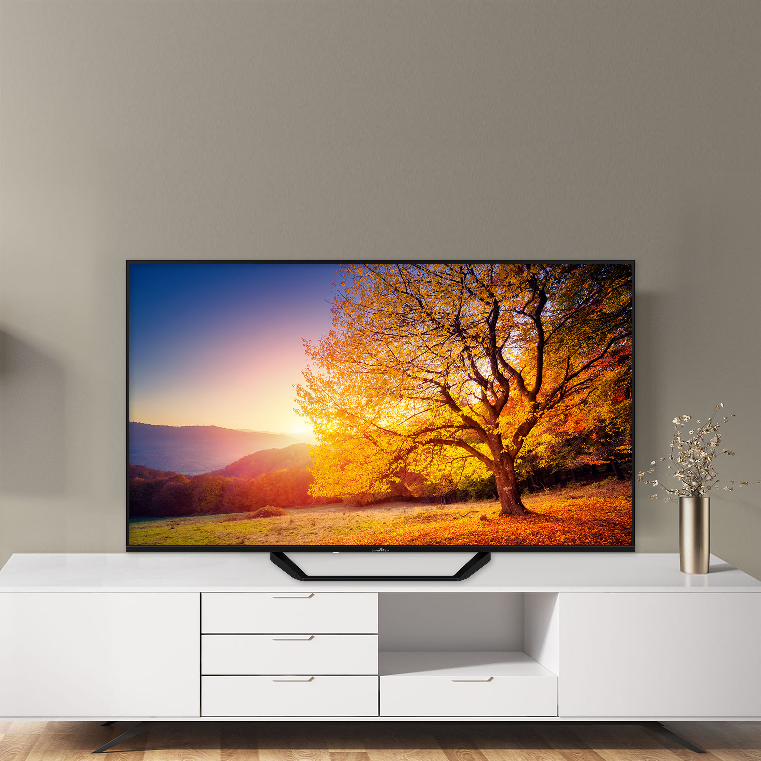 TV mostra scena autunnale. Mobile bianco sotto. Vaso con fiori a destra.