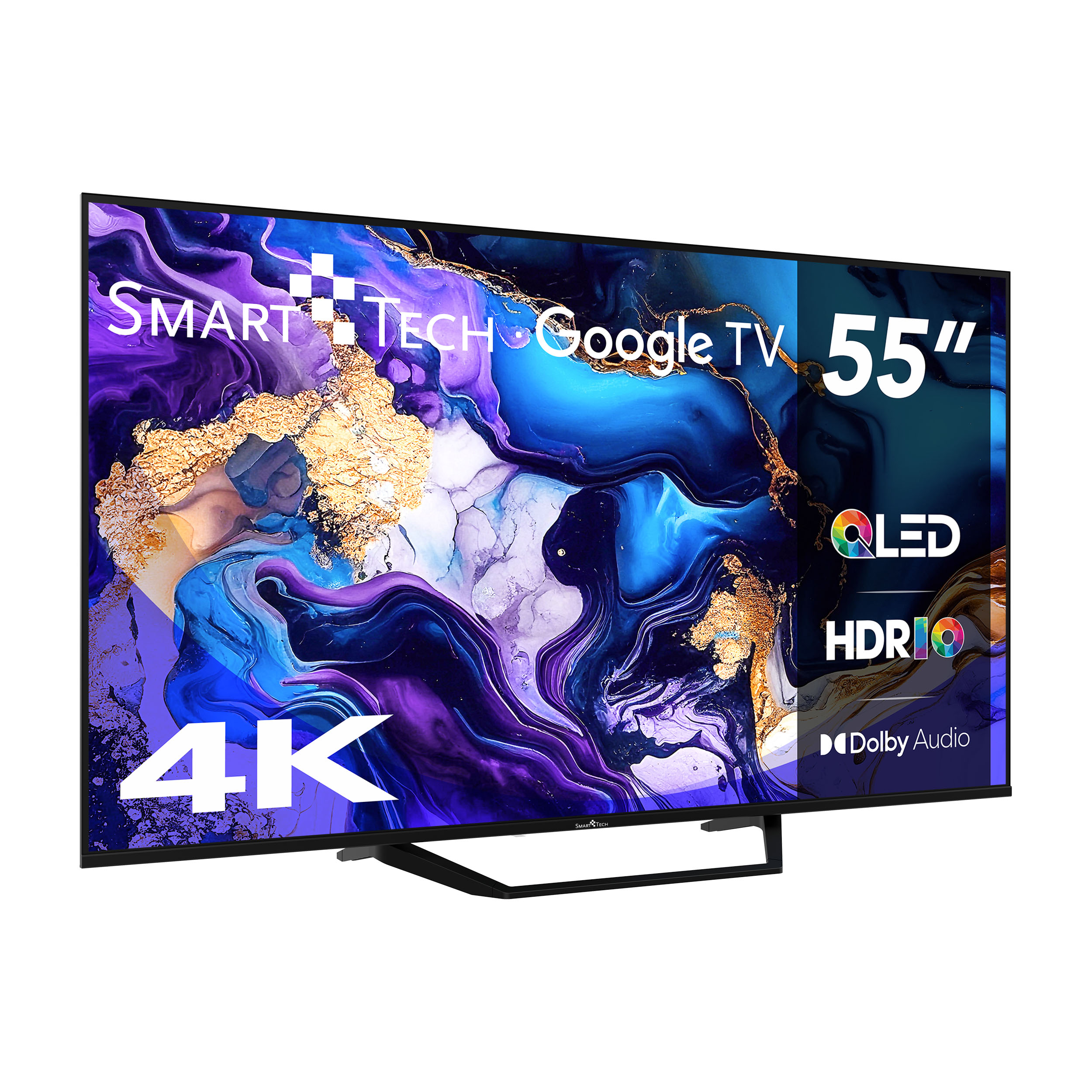 Una Smart Tech Google TV da 55 pollici. Visualizza 4K, QLED, HDR10 e Dolby Audio. Lo schermo mostra arte astratta.