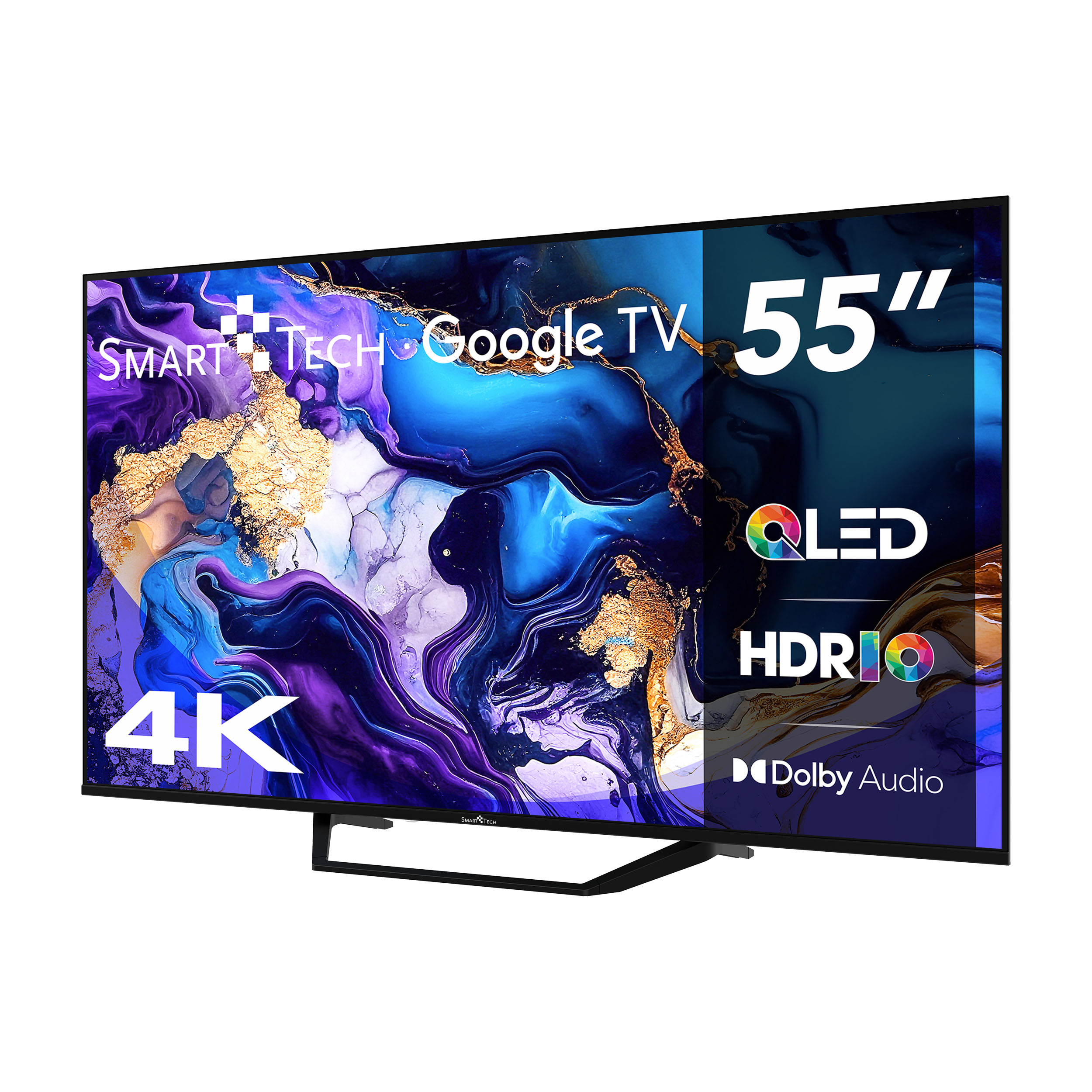 Un Smart Tech Google TV de 55 pulgadas con 4K, QLED, HDR y Dolby Audio. La pantalla muestra un diseño abstracto.