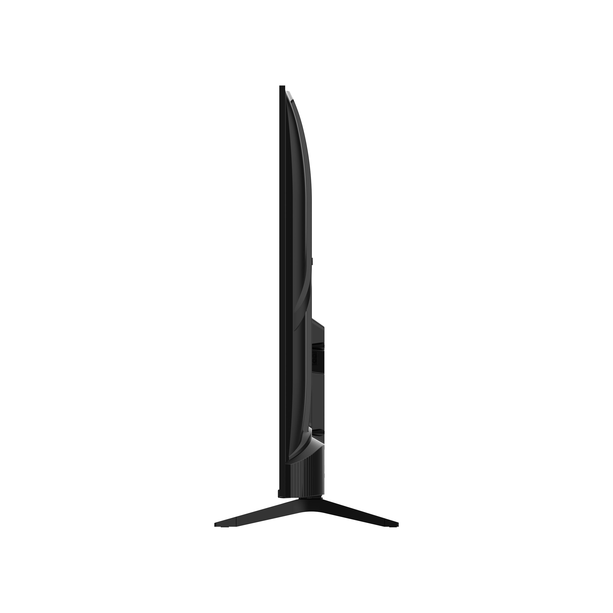 Vista laterale di una TV nera con supporto. È su sfondo bianco.