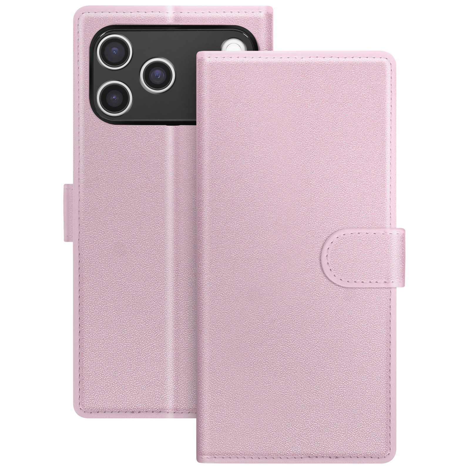 Una custodia rosa per telefono con design a portafoglio. Dispone di un supporto per telefono e una chiusura magnetica.