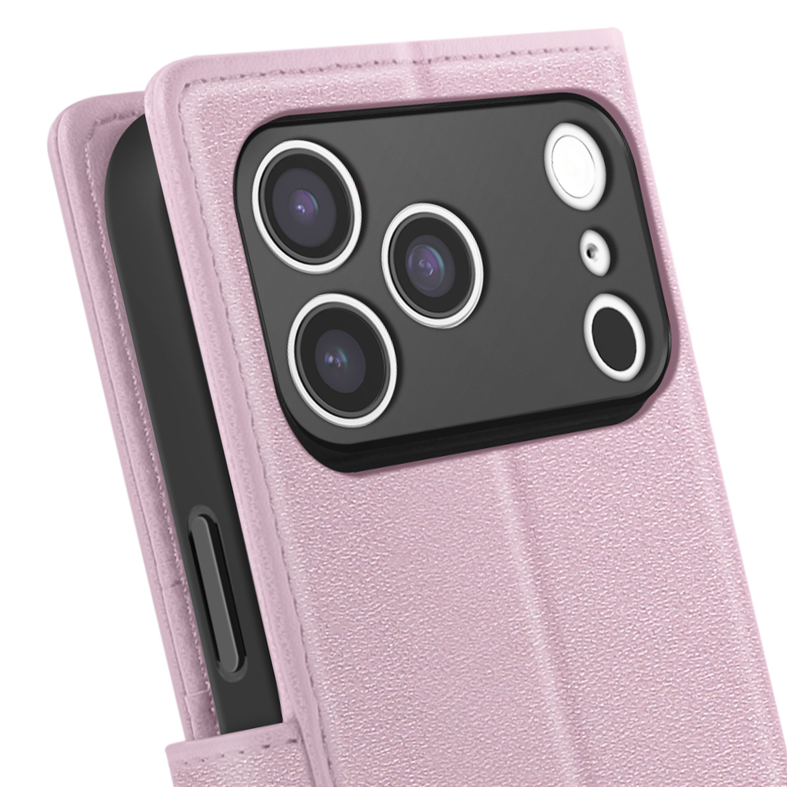 Primo piano di una custodia rosa per telefono con modulo fotocamera nero con più lenti e flash.