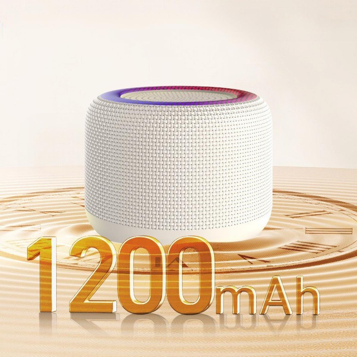 Ein weißer Lautsprecher mit lila und rosa Oberteil. Goldener Text '1200 mAh' darunter. Der Hintergrund ist ein uhrähnliches Muster.