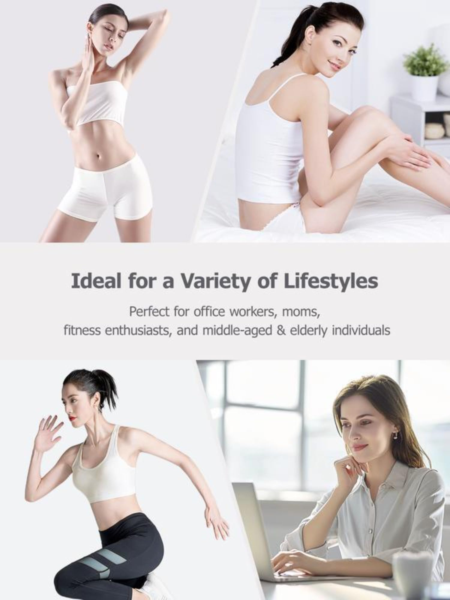 Das Bild zeigt Frauen in Sportkleidung, Text 'Ideal für eine Vielzahl von Lebensstilen'. Es bewirbt die Nutzung für Büroangestellte, Mütter, Fitnessbegeisterte.