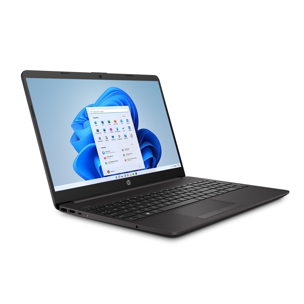 Ein schwarzer HP-Laptop ist geöffnet und zeigt eine Windows 11-Oberfläche. Der Bildschirm zeigt einen blauen, abstrakten Hintergrund.