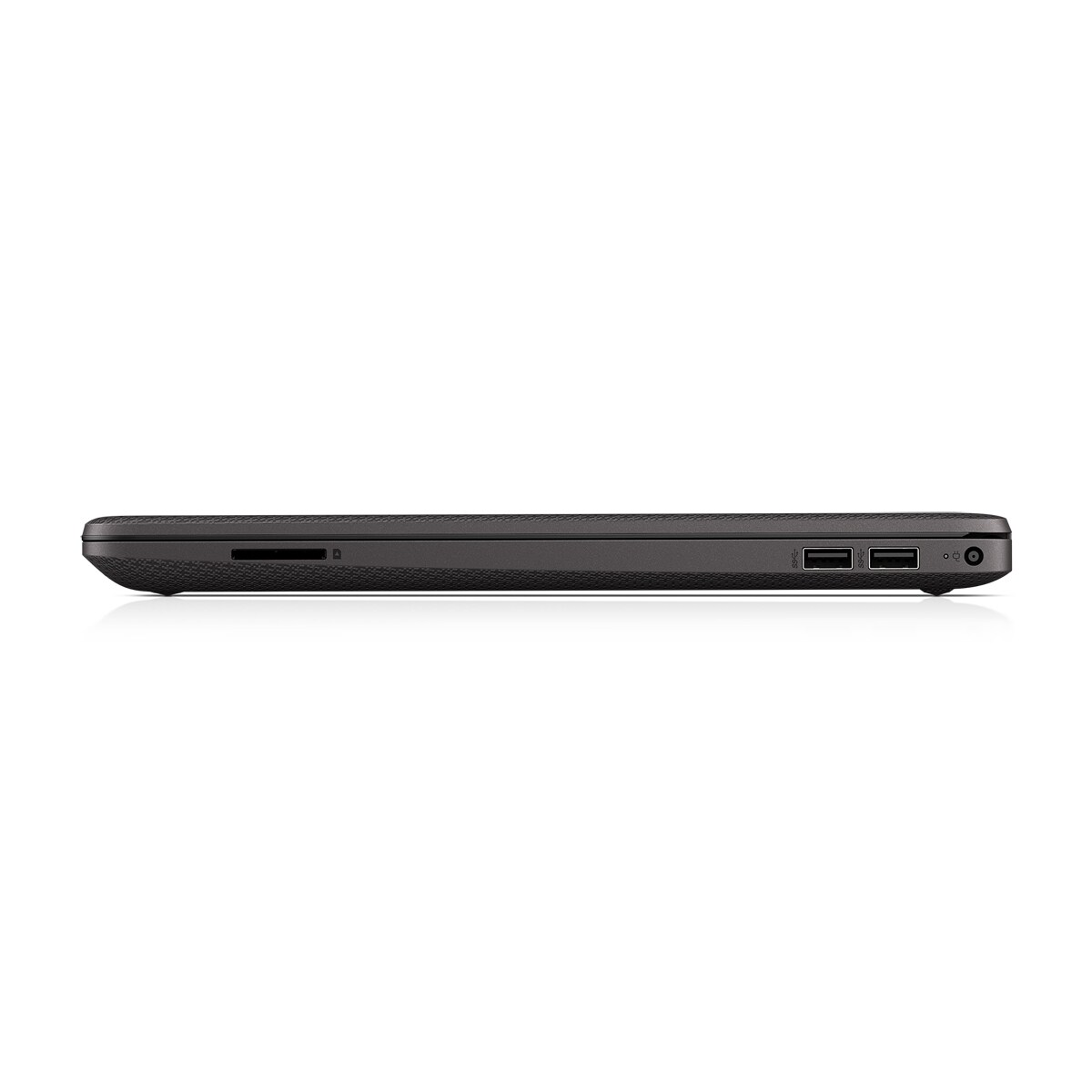Seitenansicht eines schwarzen Laptops. Zeigt Anschlüsse für SD-Karte, USB und Strom. Der Laptop steht auf weißem Untergrund.