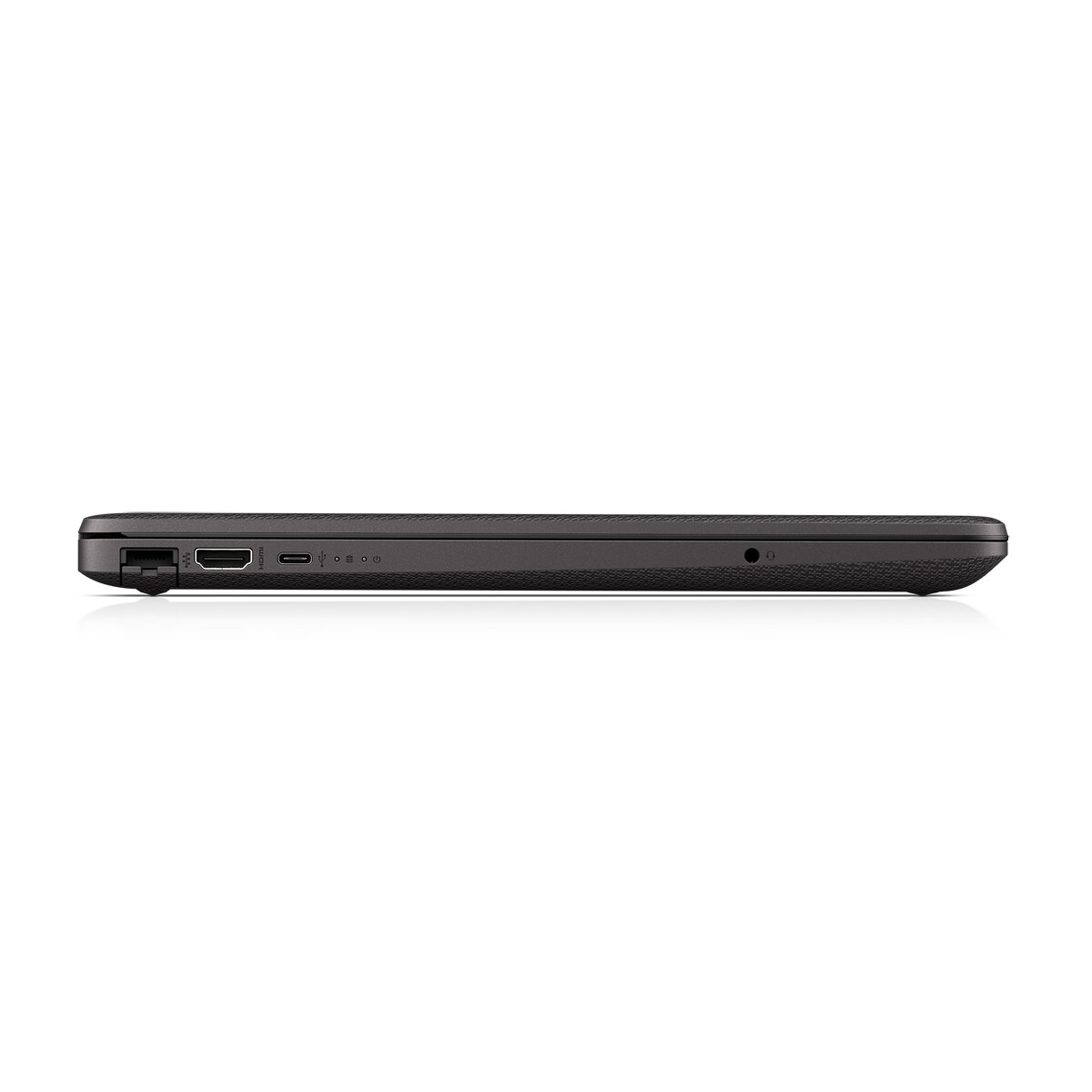 Seitenansicht eines schwarzen Laptops. Anschlüsse umfassen HDMI, USB und Audioanschluss. Der Laptop steht auf weißem Untergrund.