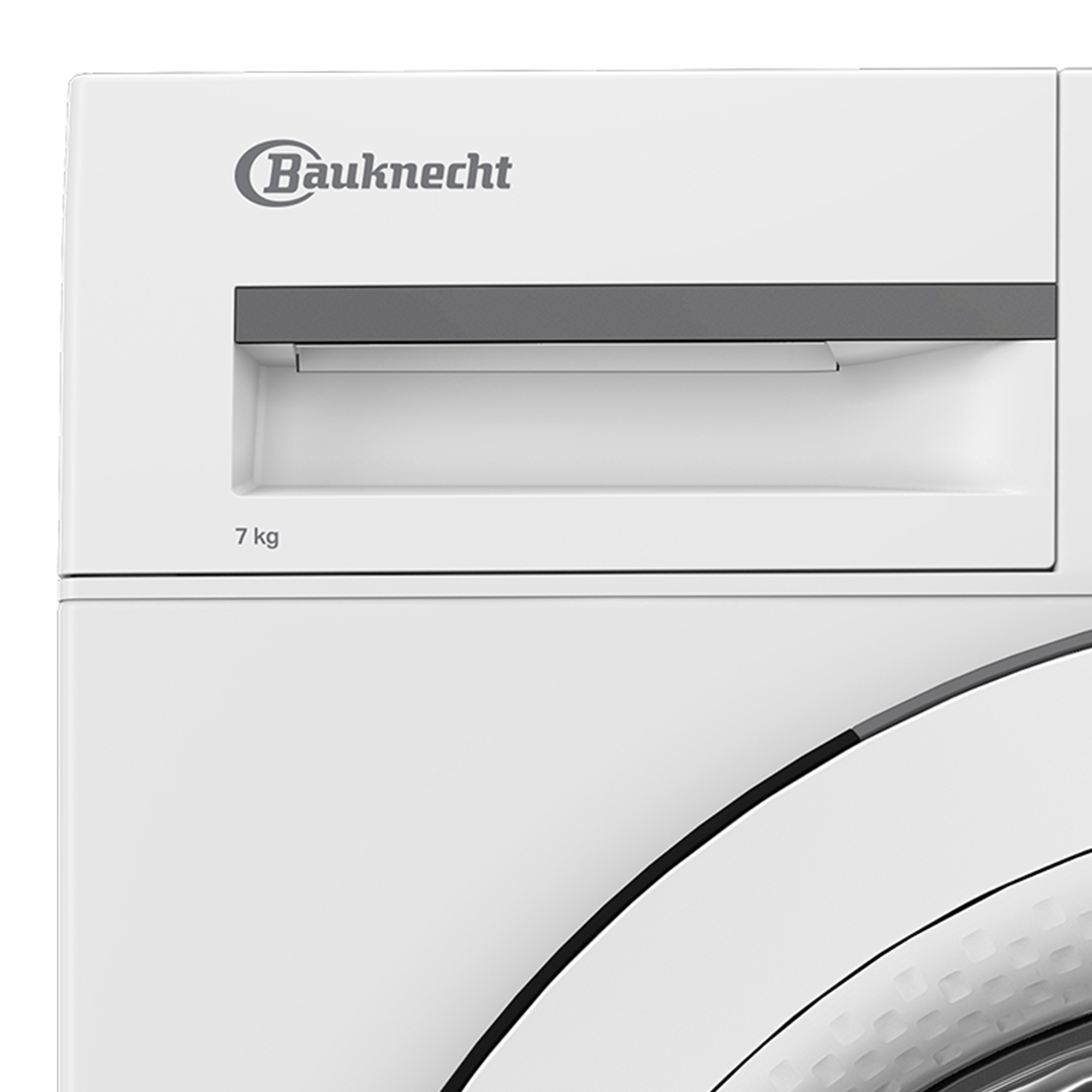 Weiße Bauknecht Waschmaschine. 7 kg Fassungsvermögen. Graue Details. Gebogene Unterseite.