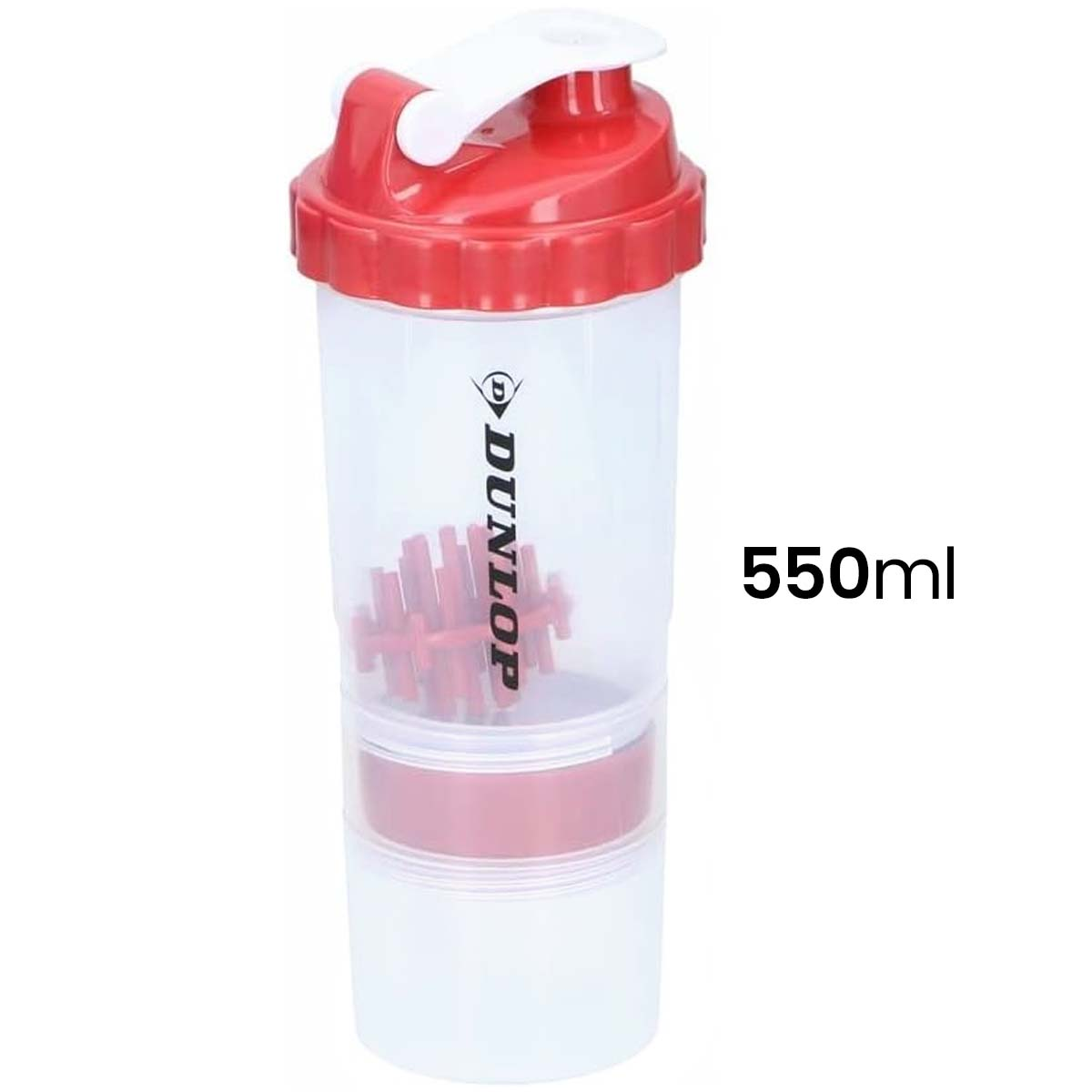 Un frullatore Dunlop in plastica trasparente con coperchio rosso e agitatore, coperchio ribaltabile bianco e scritta 550 ml su sfondo bianco.