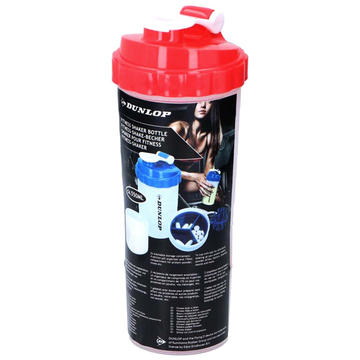 Una bottiglia shaker per fitness con coperchio rosso. Ha testo e un'immagine di una donna. Il marchio è Dunlop.